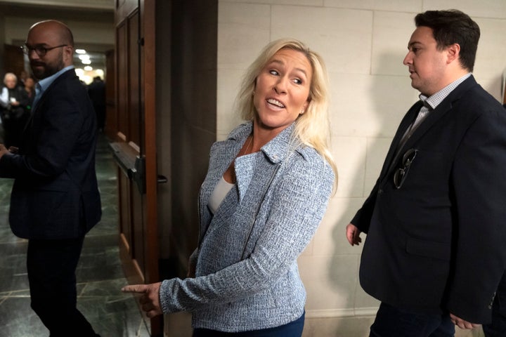 Rep. Marjorie Taylor-Greene (R-Ga.) arrives for a meeting of House Republicans on Capitol Hill on Wednesday.