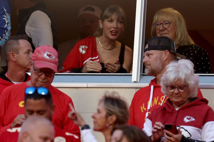 Taylor Swift and Donna Kelce before the game Thursday between the Kansas City Chiefs and the Denver Broncos at Arrowhead Stadium in Kansas City, Missouri.