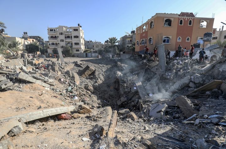 : A view of destroyed buildings at the Gaza Strip after Israeli airstrikes that continue on the seventh day in Gaza City, Gaza on October 13, 2023.