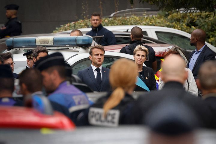 French President Emmanuel Macron arrives at the Gambetta high school in Arras on Oct. 13. 