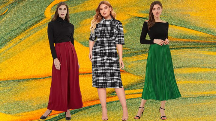 Pleated palazzo trousers, fitted plaid sheath dress and knife-pleated midi skirt