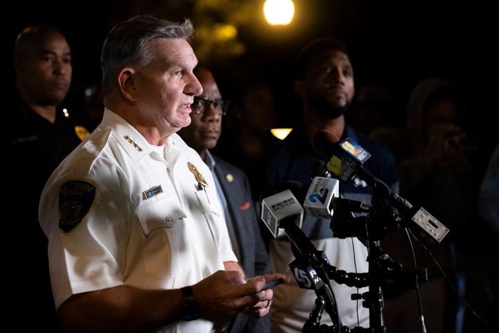Commissioner Rich Worley speaks at a news conference at Morgan State University after a shooting, Wednesday, Oct. 4, 2023, in Baltimore. 