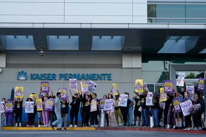 Kaiser Permanente healthcare workers rally outside Kaiser Permanente Los Angeles Medical Center in Los Angeles on Wednesday, Oct. 4, 2023.