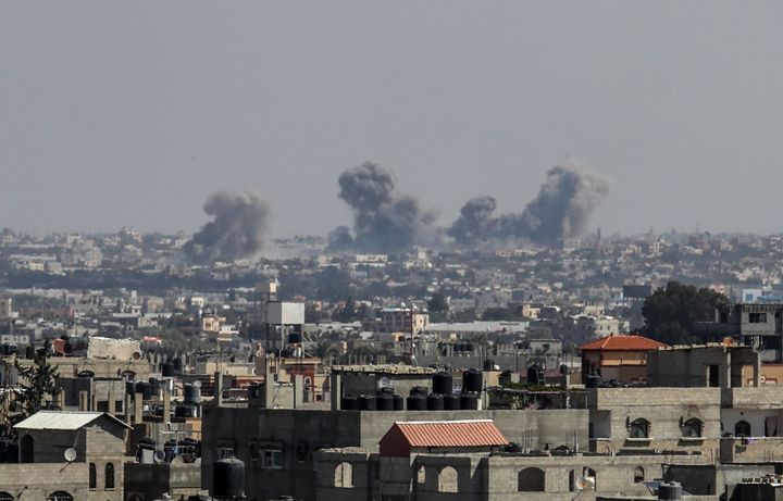 Smoke rises after an Israeli airstrike on the seventh day of the clashes in Rafah, Gaza, on Oct. 13.