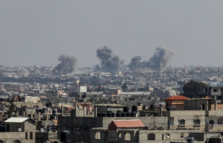 Smoke rises after an Israeli airstrike on the seventh day of the clashes in Rafah, Gaza, on Oct. 13.