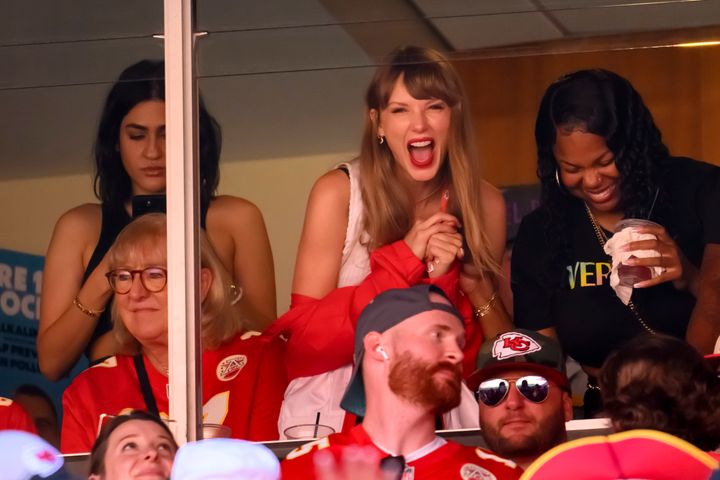 Taylor Swift is photographed with Travis Kelce's mother, Donna Kelce, and others at a Kansas City Chiefs game on Sept. 24 in Kansas City, Missouri.