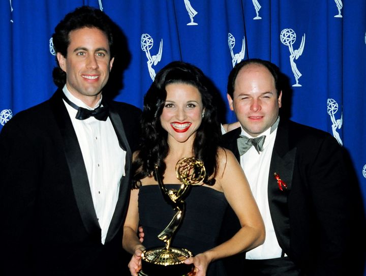 Jerry Seinfeld, Julia Louis-Dreyfus and Jason Alexander at the 1993 Emmy Awards, where "Seinfeld" won the award for Oustanding Comedy Series.