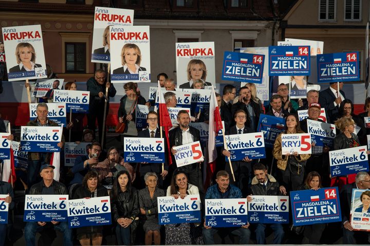 Supporters of the Law and Justice party are seen during of a campaign rally in Sandomierz, Poland on 13 October, 2023. (Photo by Jaap Arriens/NurPhoto via Getty Images)