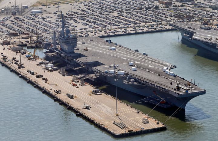 The nuclear powered aircraft carrier USS Dwight D. Eisenhower sits pier side at Naval Station Norfolk in Norfolk, Va., Wednesday, April 27, 2016. The Biden administration sent the USS Dwight D. Eisenhower carrier strike group Friday, Oct. 13, 2023, to the Eastern Mediterranean to support Israel. (AP Photo/Steve Helber)