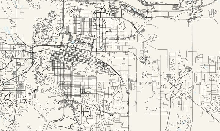 Topographic / Road map of Rapid City, SD. Map data is public domain via census.gov. All maps are layered and easy to edit. Roads are editable stroke.