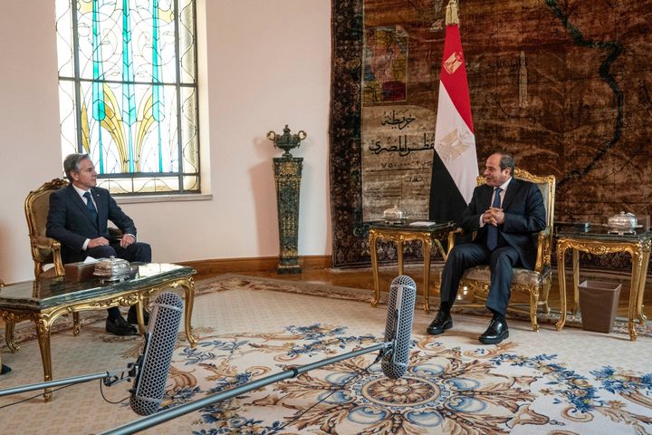 Egypt's President Abdel Fattah al-Sisi (R) meets with U.S. Secretary of State Antony Blinken in Cairo on Oct. 15, 2023. After Egypt, Blinken will head back to Israel on Oct. 16 for his second visit in less than a week following a tour of six Arab countries on the crisis with Hamas, the State Department said.