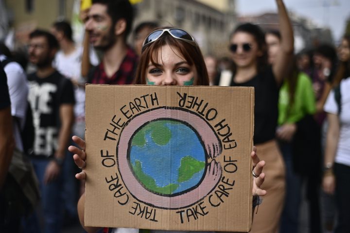 Fridays for future activists holding placards take part in a demonstration during the Climate Activists Rally At Fridays For Future on October 6, 2023 in Italy.