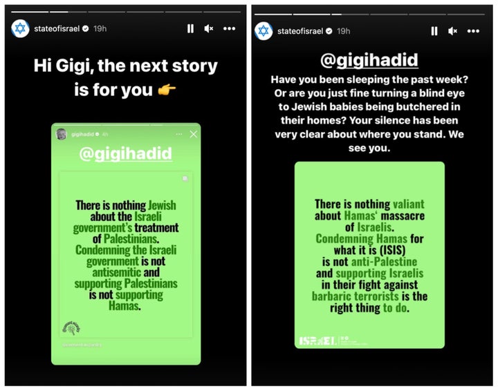 Israël a utilisé son Instagram officiel dimanche pour critiquer le mannequin Gigi Hadid pour son soutien à la Palestine.