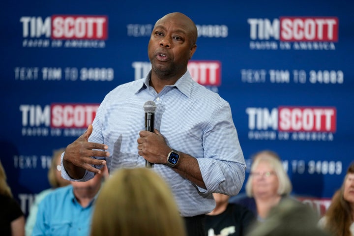Republican presidential candidate Sen. Tim Scott (R-S.C.) is seen during a town hall meeting in August in Oskaloosa, Iowa.
