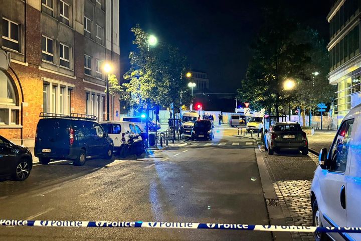 Police cordon off an area where a shooting took place in the center of Brussels, Monday, Oct. 16, 2023. Belgian police say that two people are dead in central Brussels after several shots were fired. (AP Photo/Sylvain Plazy)