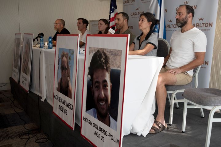 Relatives of US citizens that are missing since Saturday's surprise attack by Hamas militants near the Gaza border, attend a news conference on Oct. 10, 2023 in Tel Aviv, Israel. 