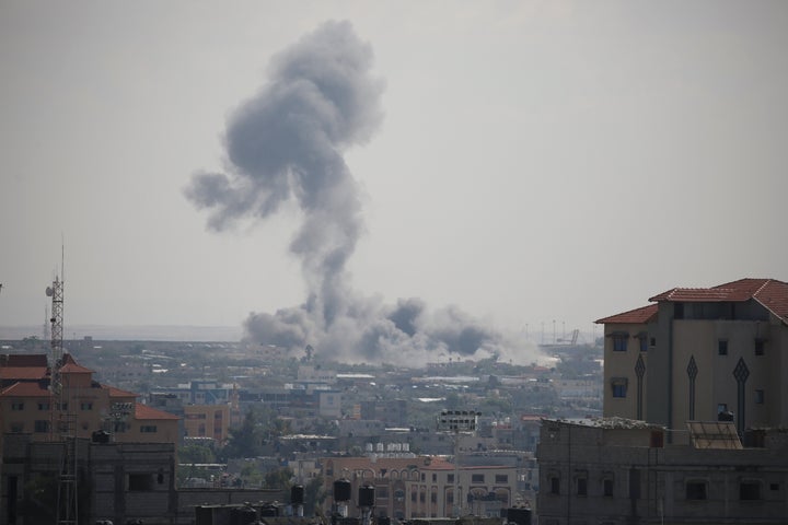 Smoke rises following an Israeli airstrike in Rafah, southern Gaza Strip, Tuesday, Oct. 17, 2023. (AP Photo/Hatem Ali)