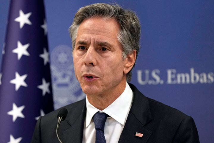 US Secretary of State Antony Blinken speaks during a press conference in Tel Aviv, on October 17, 2023, after an overnight meeting with Israeli Prime Minister Benjamin Netanyahu. US President Joe Biden will pay a solidarity visit to Israel on October 18, 2023 following the Hamas attacks, Secretary of State Antony Blinken announced October 17, 2023. (Photo by Jacquelyn Martin / POOL / AFP) (Photo by JACQUELYN MARTIN/POOL/AFP via Getty Images)