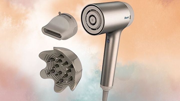 The Shark HyperAir uses high-velocity heated air to dry hair fast and comes with two styling attachments.