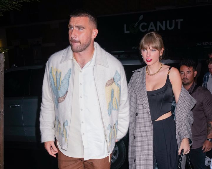 Travis Kelce and Taylor Swift arrive at the "SNL" afterparty on Sunday in New York City. Since she's dated Kelce, more women are tuning into NFL games ― or at least the ones where Kelce's team, the Kansas City Chiefs, are playing.