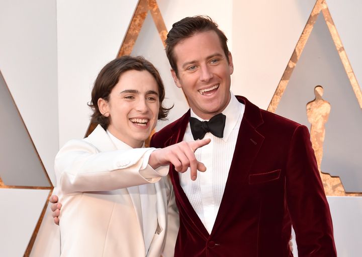 Actors Timothée Chalamet, left, and Armie Hammer, right, at the 2018 Academy Awards.