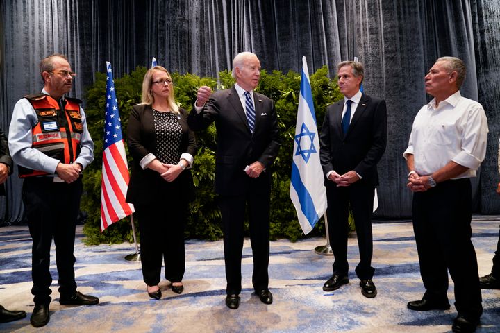 President Joe Biden and U.S. Secretary of State Antony Blinken, meet with victims' relatives and first responders who were directly affected by the Hamas attacks, Wednesday, Oct. 18, 2023, in Tel Aviv. (AP Photo/Evan Vucci)