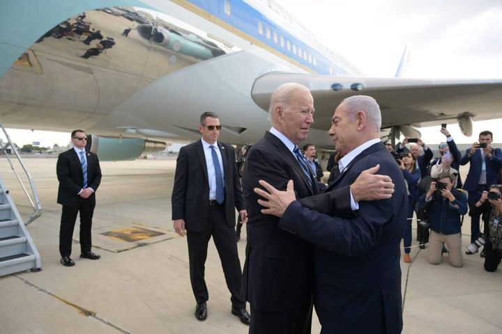 US President Joe Biden is welcomed by Prime Minister Benjamin Netanyahu (R) at the Ben Gurion Airport in Tel Aviv, Israel on October 18, 2023. 