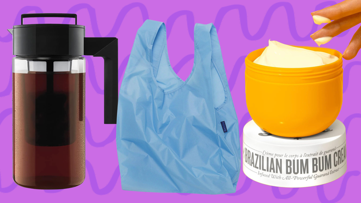 A cold brew coffee maker, Baggu bag and Sol de Janeiro Bum Bum Cream.