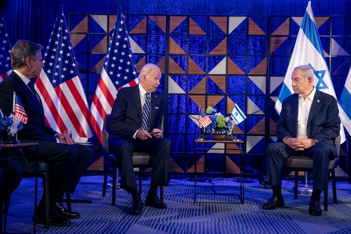 U.S. President Joe Biden, center left, meets with Israeli Prime Minister Benjamin Netanyahu, right, to discuss the the war between Israel and Hamas, in Tel Aviv, Israel, Wednesday, Oct. 18, 2023. At left, U.S. Secretary of State Antony Blinken.