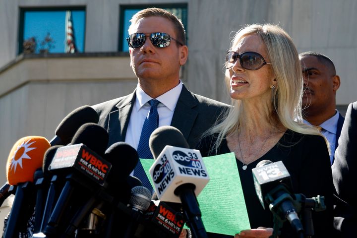Beth Holloway, mother of long-missing teen Natalee Holloway, speaks to the media with her son Matt Holloway on Oct. 18, 2023, in Birmingham, Alabama.