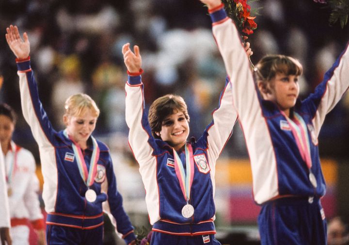 Mary Lou Retton (center) at the 1984 Summer Olympics. 