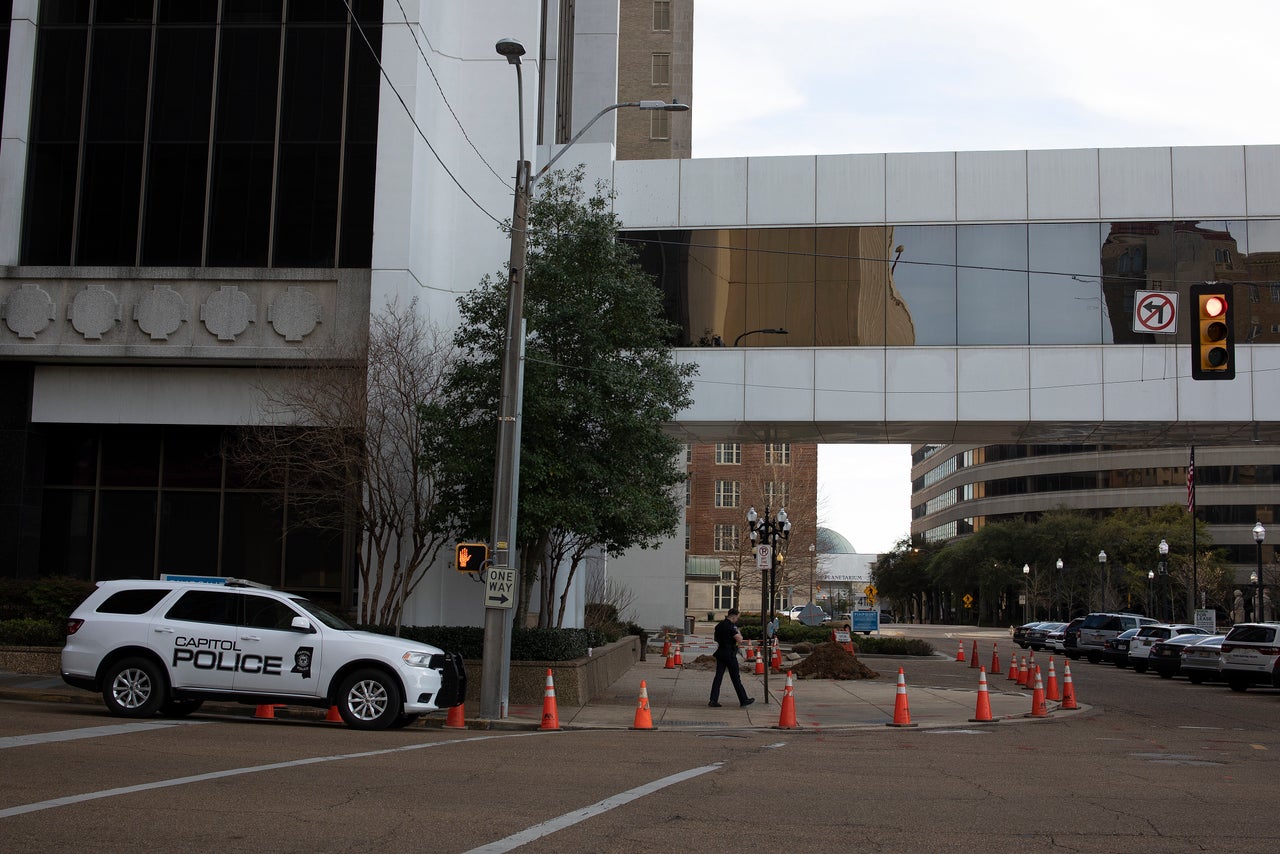 The Capitol Police patrols the streets of downtown Jackson on March 15. Many Black Mississippians lament the expansion of state authority in the predominantly Black city.