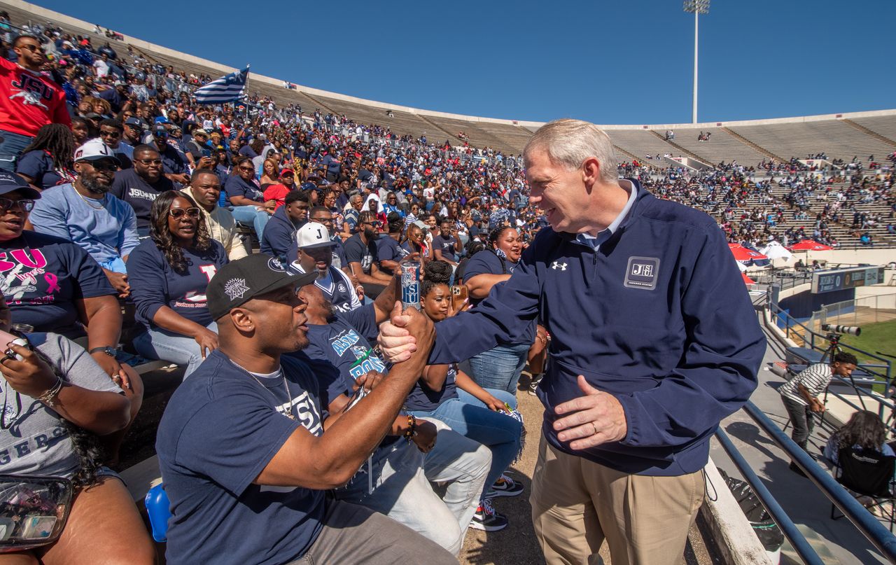 Mississippi Democratic gubernatorial nominee Brandon Presley greets a crowd of Jackson State University fans during the school's homecoming game on Oct. 14.