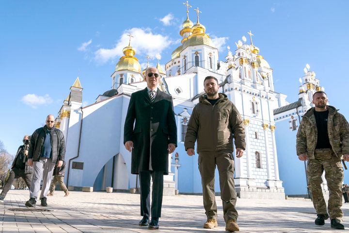 President Joe Biden walks with Ukrainian President Volodymyr Zelenskyy at St. Michael's Golden-Domed Cathedral in Kyiv on Feb. 20, 2023. 