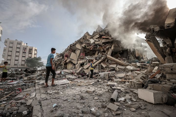 GAZA CITY, GAZA - OCTOBER 19: A view of debris of destroyed buildings after Israeli airstrikes at al-Zahra neighborhood in Gaza Strip on October 19, 2023. (Photo by Ali Jadallah/Anadolu via Getty Images)