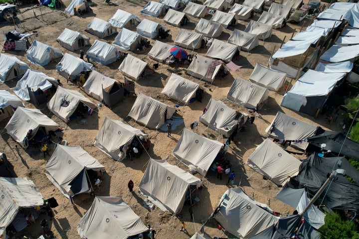 UNDP-provided tens set up for Palestinians displaced by the Israeli bombardment of the Gaza Strip are seen in Khan Younis, on Oct. 19, 2023.