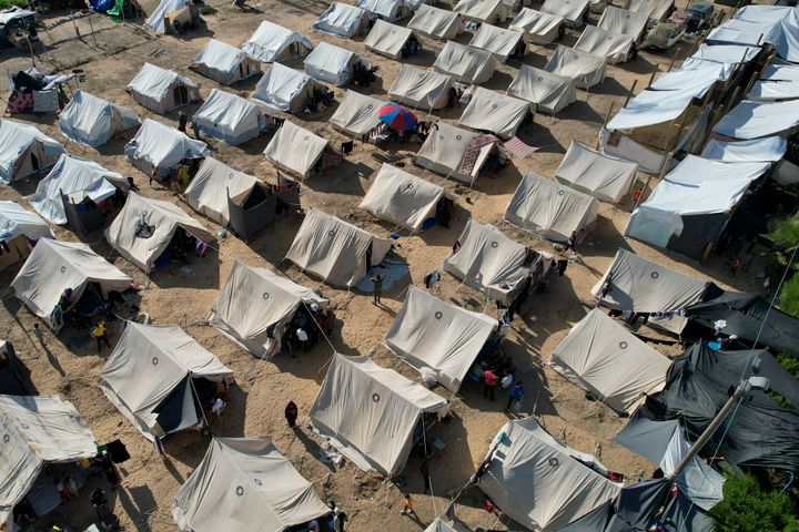 UNDP-provided tens set up for Palestinians displaced by the Israeli bombardment of the Gaza Strip are seen in Khan Younis, on Oct. 19, 2023. 