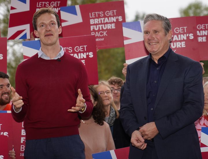 Alistair Strathern, the newly-elected Labour MP for Mid Bedfordshire, with Keir Starmer at a victory rally this morning.