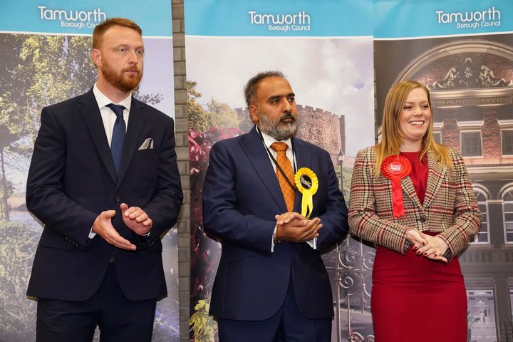 Sarah Edwards of Labour alongside Conservative candidate Andrew Cooper (L) and Liberal Democrat candidate Sunny Virk.