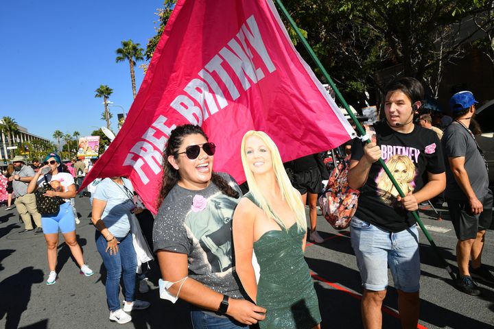Fans gather outside in support of the 'Free Britney' movement during a hearing to end the conservatorship at the Stanley Mosk Courthouse in Los Angeles, California, on Nov. 12, 2021.
