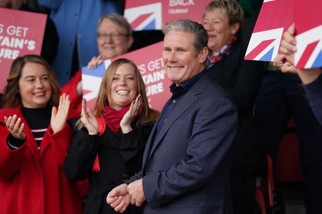 Newly elected Labour MP Sarah Edwards (second left) with party leader Keir Starmer at Tamworth Football Club, after winning the Tamworth by-election.