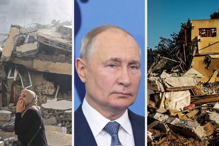 Scenes from Gaza (L), Vladimir Putin, and scenes from Israel (R)