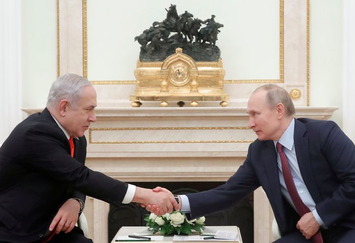 Russian President Vladimir Putin meets with Israeli Prime Minister Benjamin Netanyahu at the Kremlin in Moscow on January 30, 2020. 