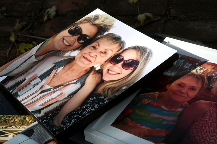 Photos of Sara Lee Swoveland, center in the left image, and her family are seen in Colorado Springs, Colo., on Thursday, Oct. 19, 2023. (AP Photo/Thomas Peipert)