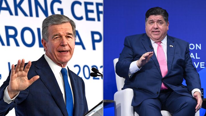 North Carolina Gov. Roy Cooper, left, and Illinois Gov. J.B. Pritzker, right, both Democrats, vetoed bills to allow construction of new nuclear power plants in their states over the past three months.