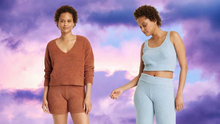 Target's take the cozy trend includes a V-neck sweater, high-waisted shorts, a cropped tank and wide-leg lounge pants