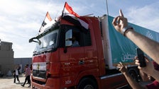 Trucks Carrying Humanitarian Aid Move Into Gaza Via Rafah Border Crossing Trucks Carrying Humanitarian Aid Move Into Gaza Via Rafah Border Crossing