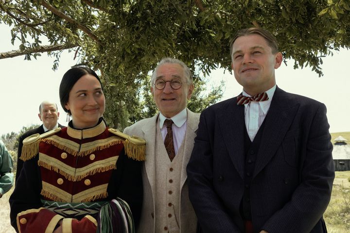 Mollie, Bill and Ernest at Mollie and Ernest's wedding, in a scene from "Killers of the Flower Moon."