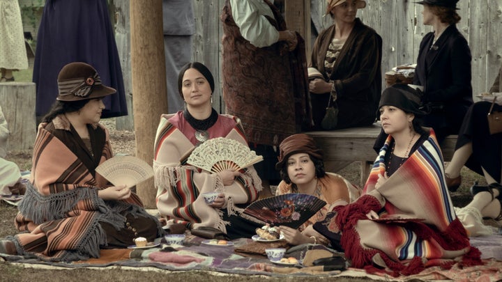 Mollie (Lily Gladstone) with her sisters Reta (JaNae Collins), Anna (Cara Jade Myers) and and Minnie (Jillian Dion) in "Killers of the Flower Moon."