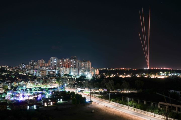 Rockets fired from the Gaza Strip towards Israel, are seen from Ashkelon, southern Israel, Tuesday, Oct.17, 2023. (AP Photo/Tsafrir Abayov)